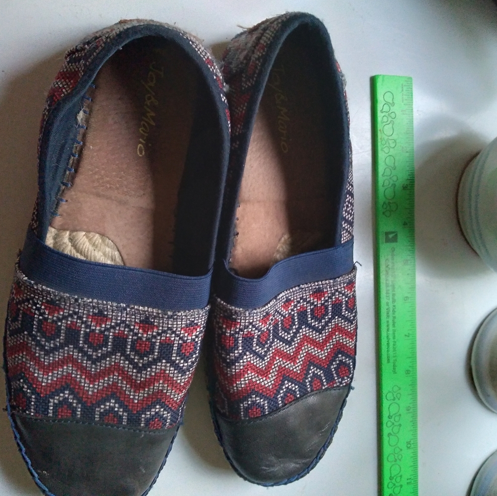 ⁉️⁉️ 👣 NAVY & RED WOVEN ESPADRILLE FLATS Sz 8 1/2-9 Joy & Mario Shoes